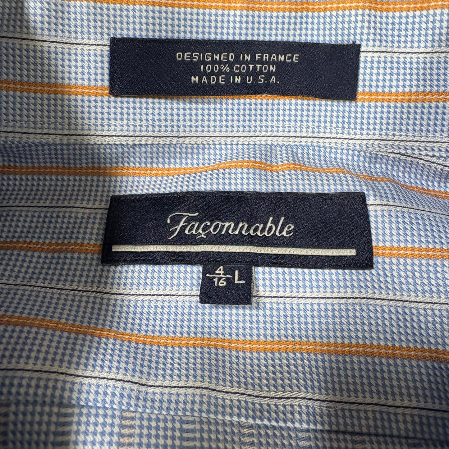 Faconnable Dress Shirt Men L Blue Orange Stripe 100% Cotton Long Sleeve USA