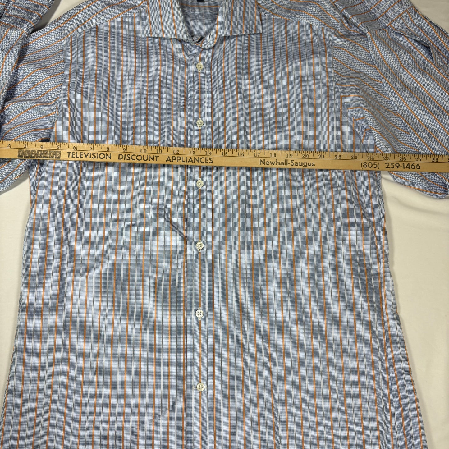Faconnable Dress Shirt Men L Blue Orange Stripe 100% Cotton Long Sleeve USA