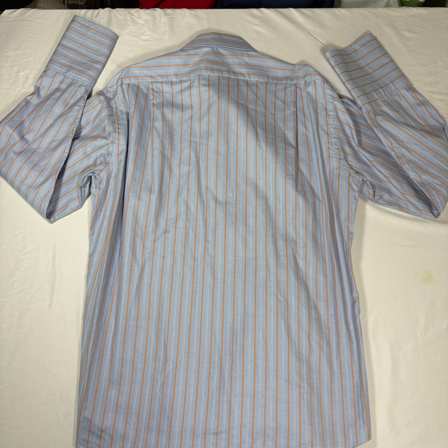 Faconnable Dress Shirt Men L Blue Orange Stripe 100% Cotton Long Sleeve USA