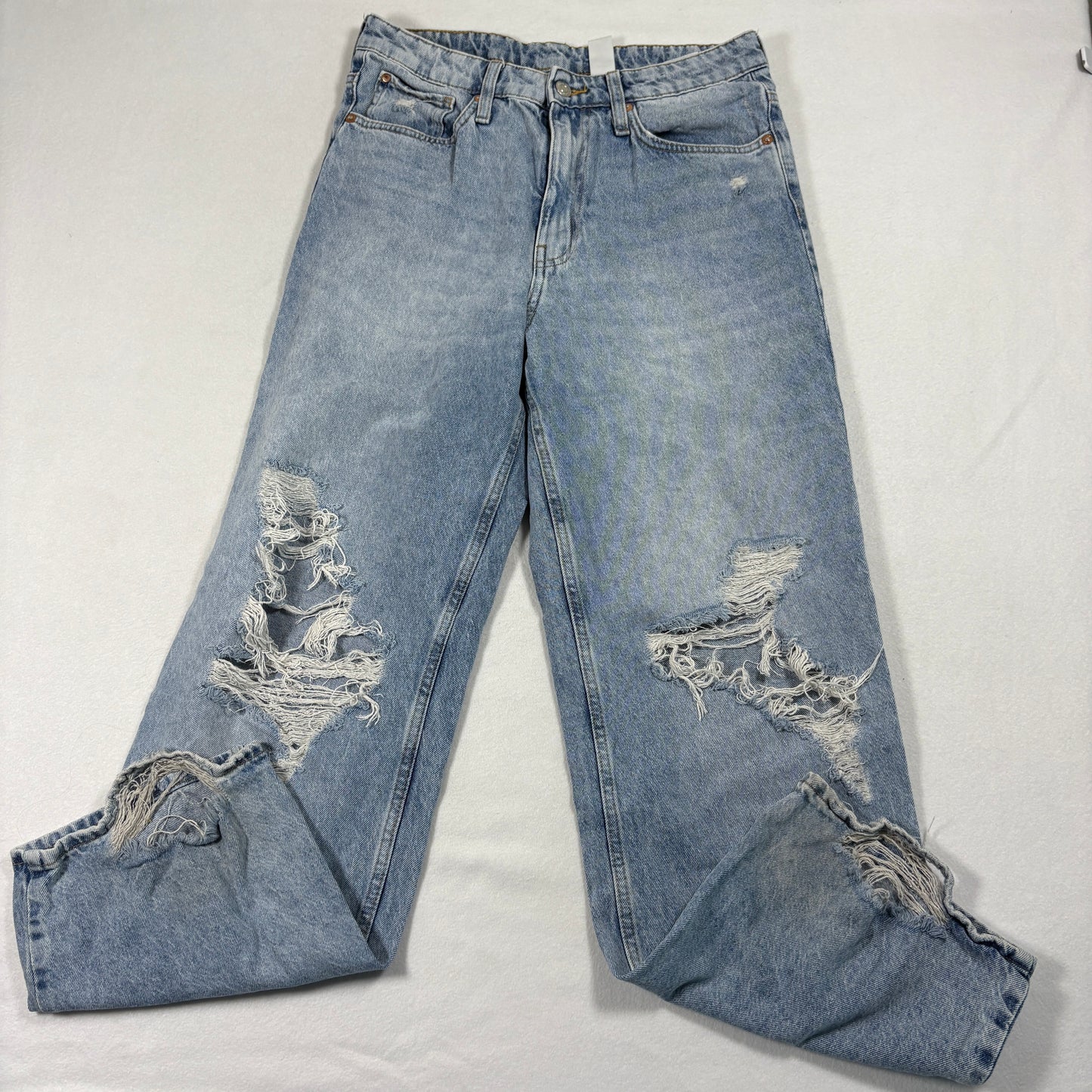 &Denim Womens Loose Straight High Waist Jeans 10 Blue Distressed Ripped Baggy 90s Y2K