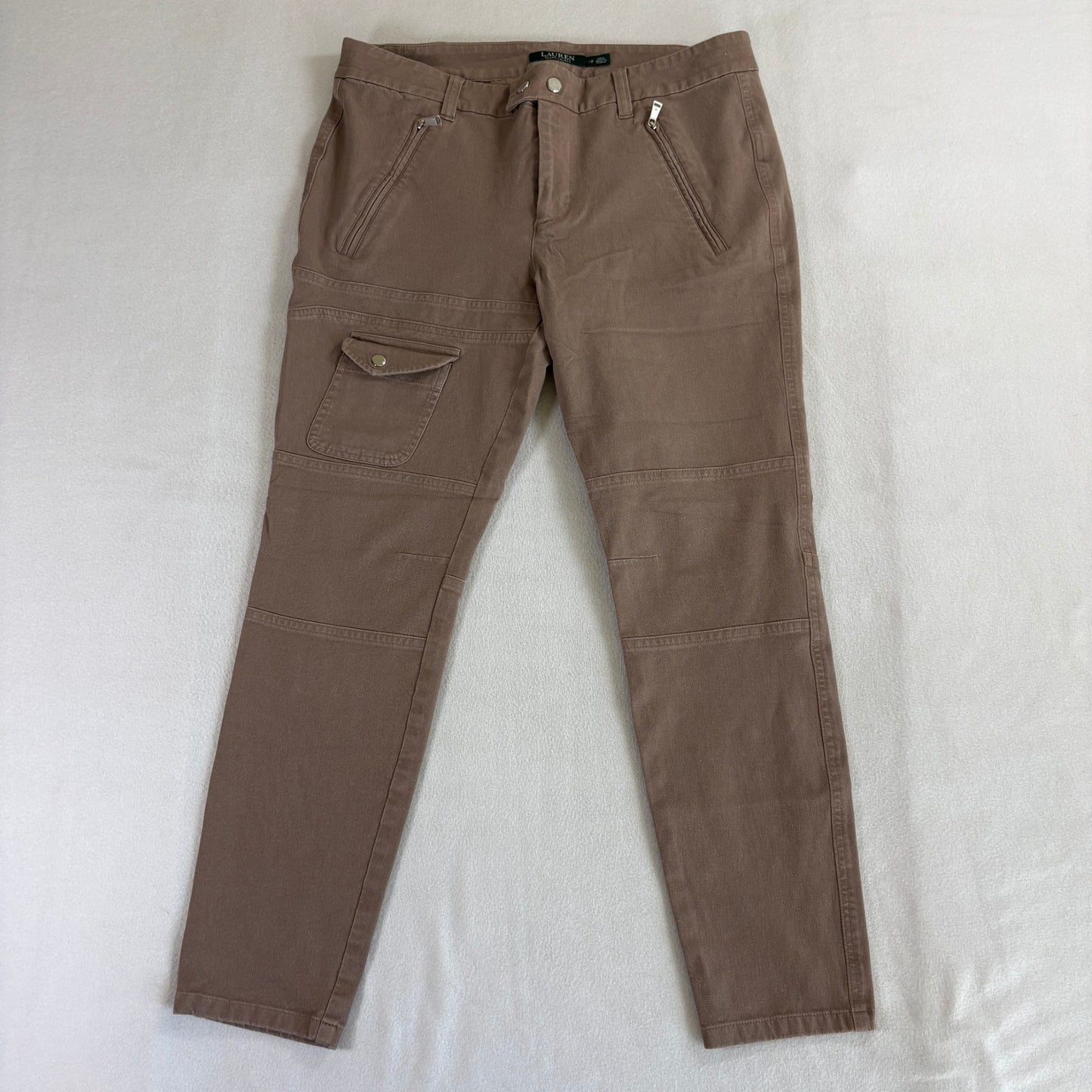 Lauren Ralph Lauren Womens 12 Brown Cargo Pants Zip Pocket Stretch Straight Leg