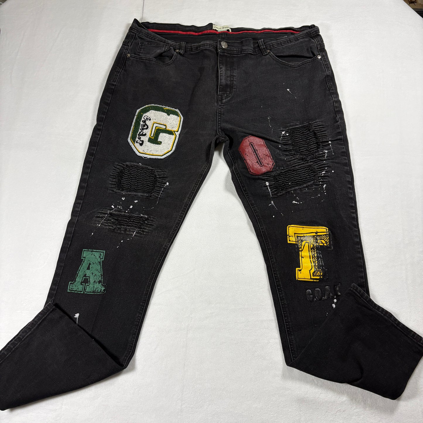 Public Supply Jeans Mens Size 42x34 Distressed Patchwork Black Denim Street Wear