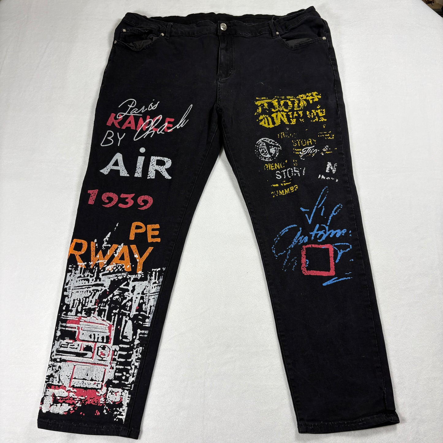 Graphic Jeans Mens 2XL Black Streetwear Y2K Painted Art Statement Retro Pants Y2