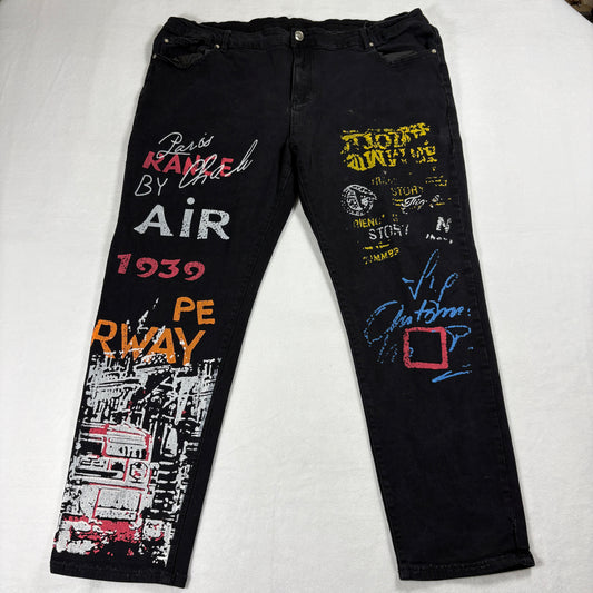 Graphic Jeans Mens 2XL Black Streetwear Y2K Painted Art Statement Retro Pants Y2