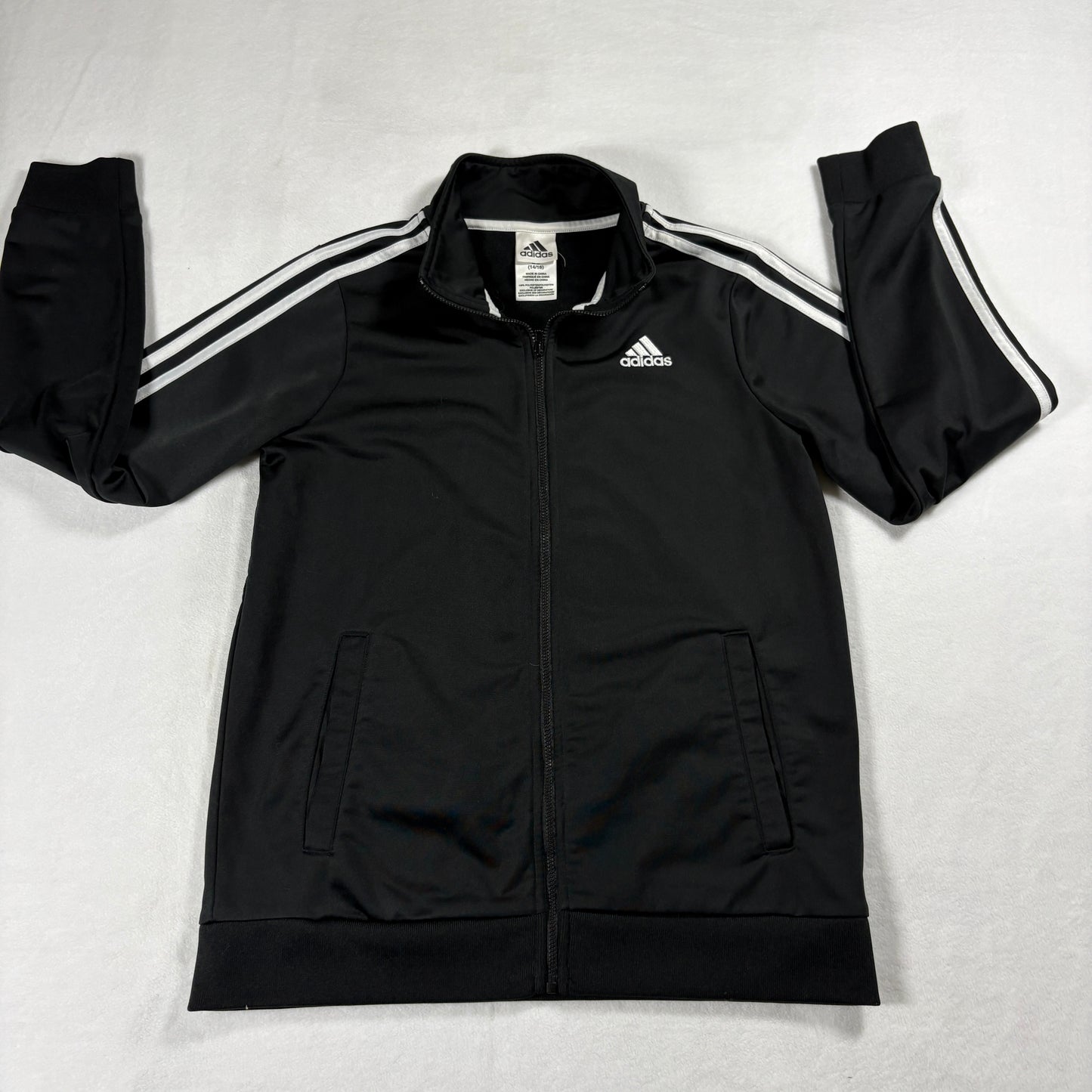 Adidas Track Jacket Unisex Youth 14 16 Black White Retro Streetwear Zip Jacket O