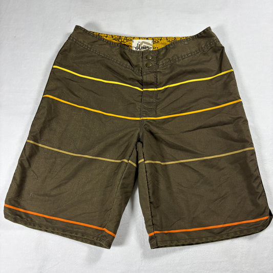 Volcom Board Shorts Mens Medium Brown Yellow Stripe Retro Surf Swim Shorts Beach