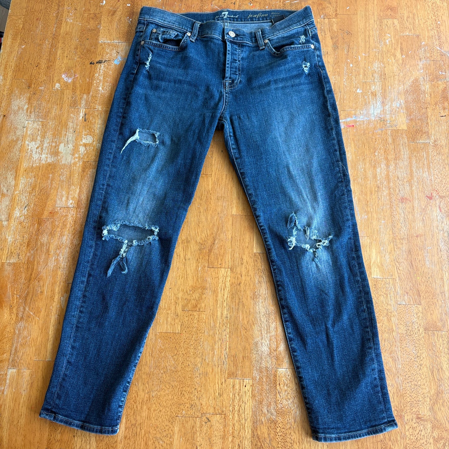 7 For All Mankind Josefina Skinny Boyfriend Jeans 30 Distressed Dark Wash Stretch