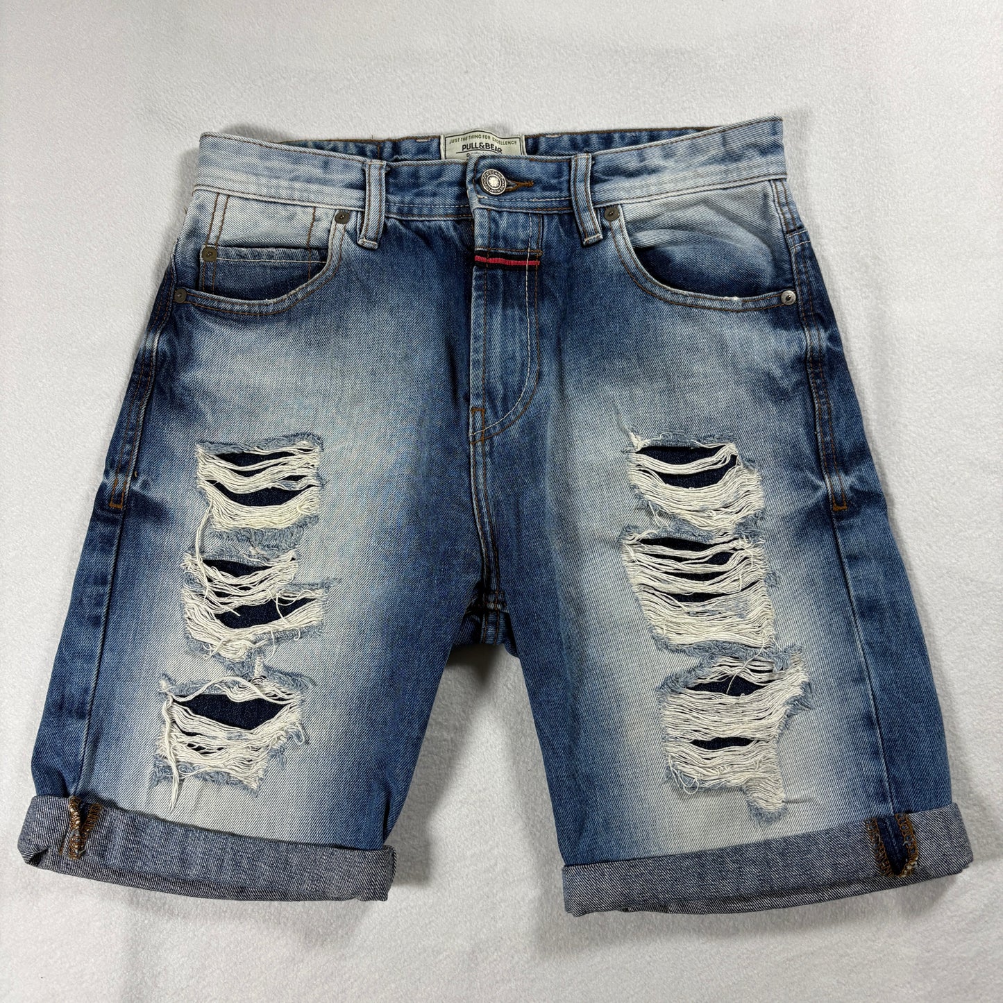 Pull&Bear Denim Shorts Mens 30 Blue Distressed Ripped Cuffed Casual Streetwear