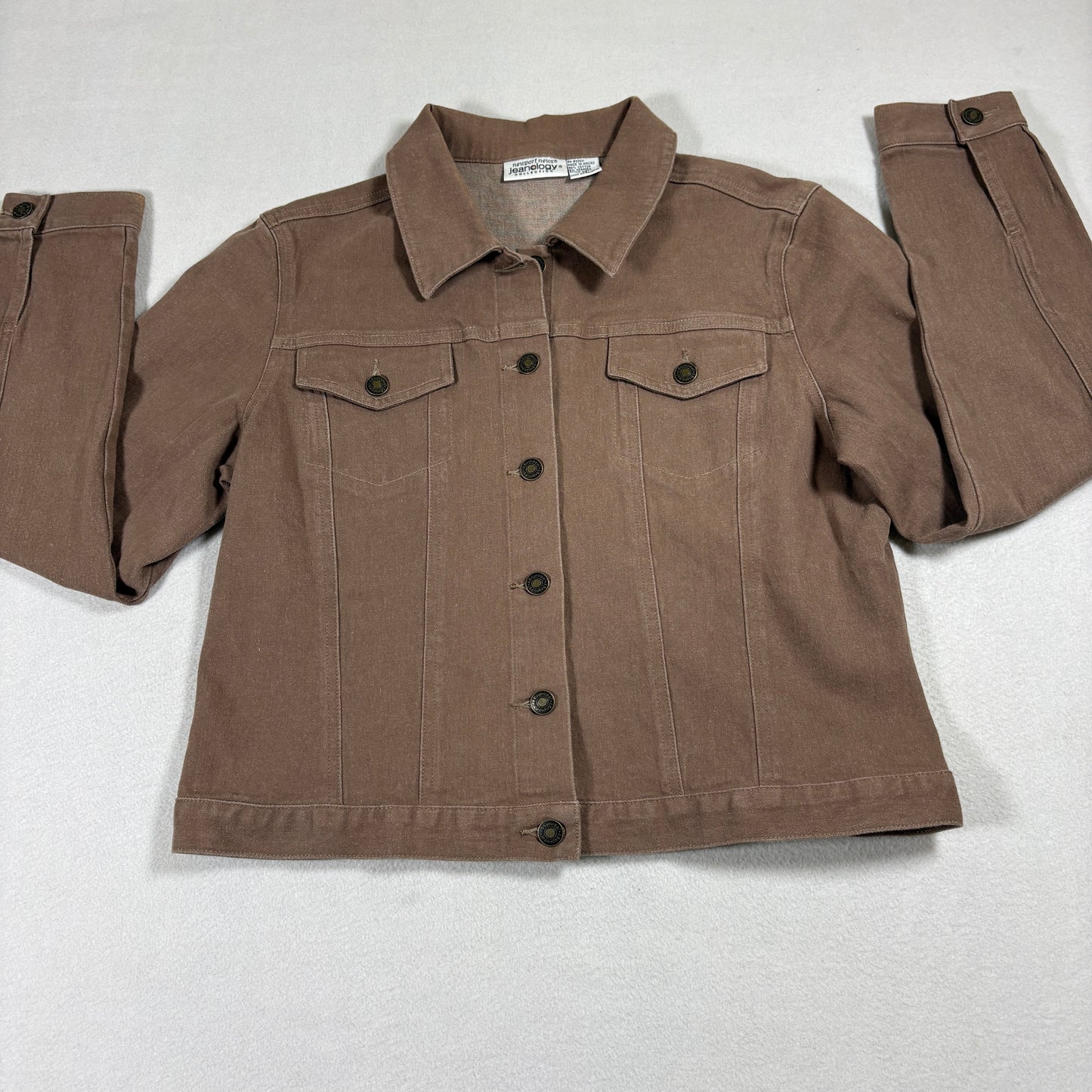 Newport News Jeanology Jacket Womens 12 Brown Denim Stretch Button Up Y2K Style