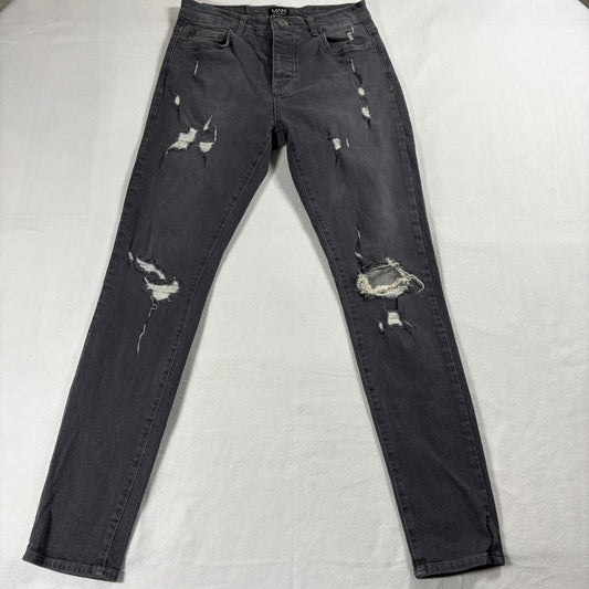 BoohooMAN Skinny Jeans Mens 32 Black Distressed Stretch Streetwear Y2K Grunge X