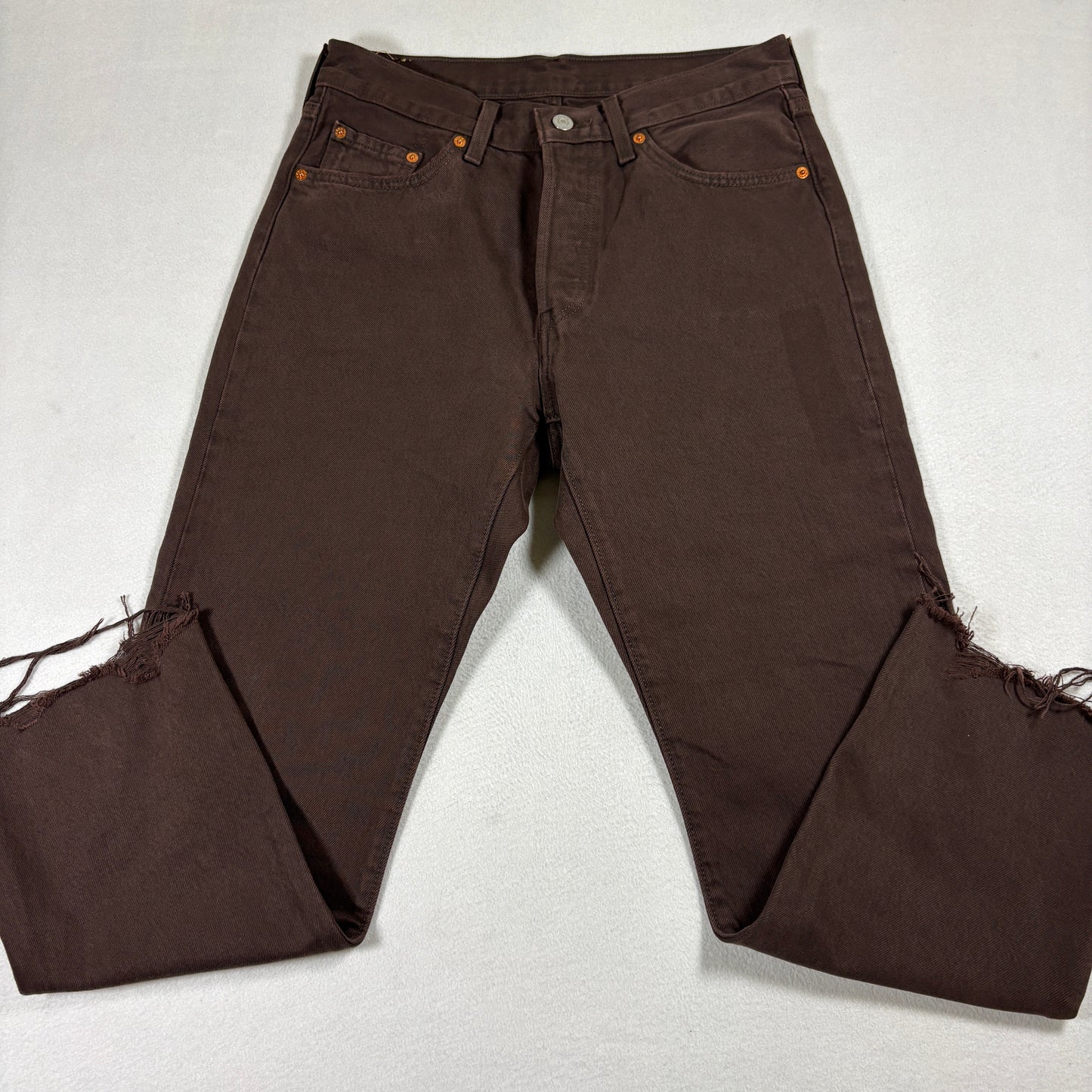 Levi’s 501 Jeans Mens Brown Straight Leg Denim Pants W29 L28 Distressed Hem