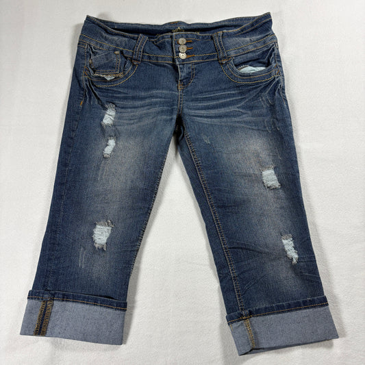 Almost Famous Jeans Womens Capri Distressed Size 13 Blue Cuffed Denim Y2K Retros