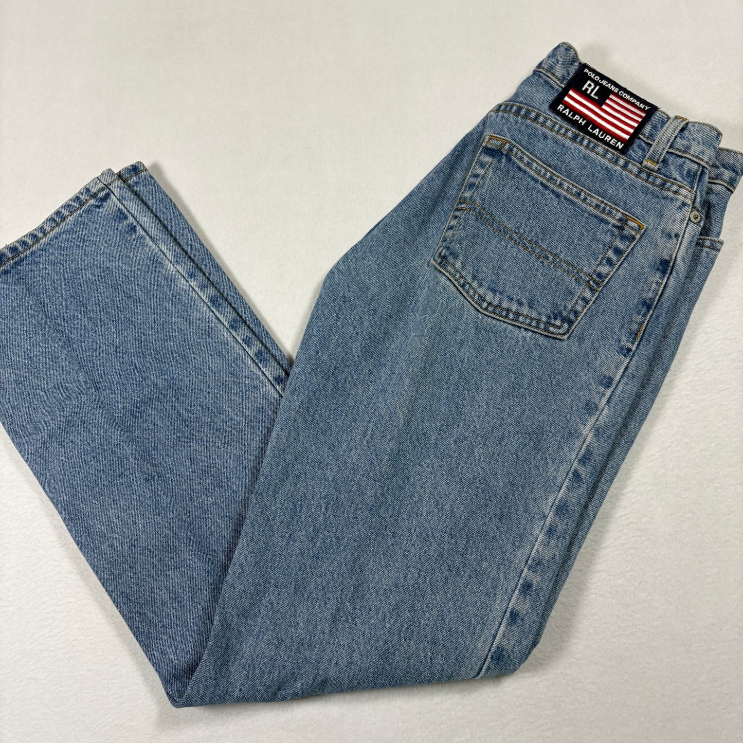 Polo Ralph Lauren Mens Jeans 28x30 RL Flag Patch Vintage 90s Y2K Light Wash Denim