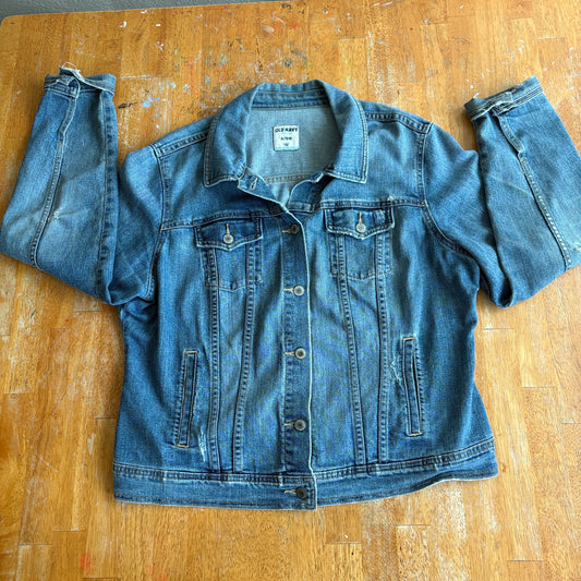 Old Navy Denim Jacket Womens XL Blue Trucker Jean Jacket Classic Casual Distressed
