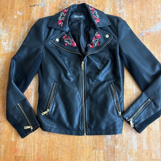 Kenneth Cole Reaction Moto Jacket Womens Small Black Faux Leather Floral Embroidered