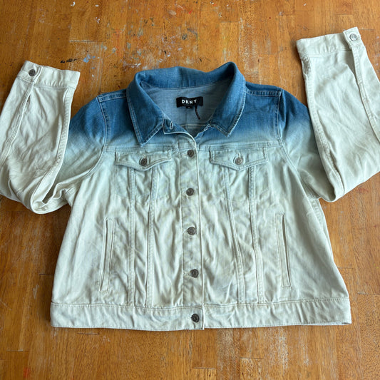 DKNY Denim Jacket Womens XL Blue White Ombre Trucker Jean Jacket Button Front