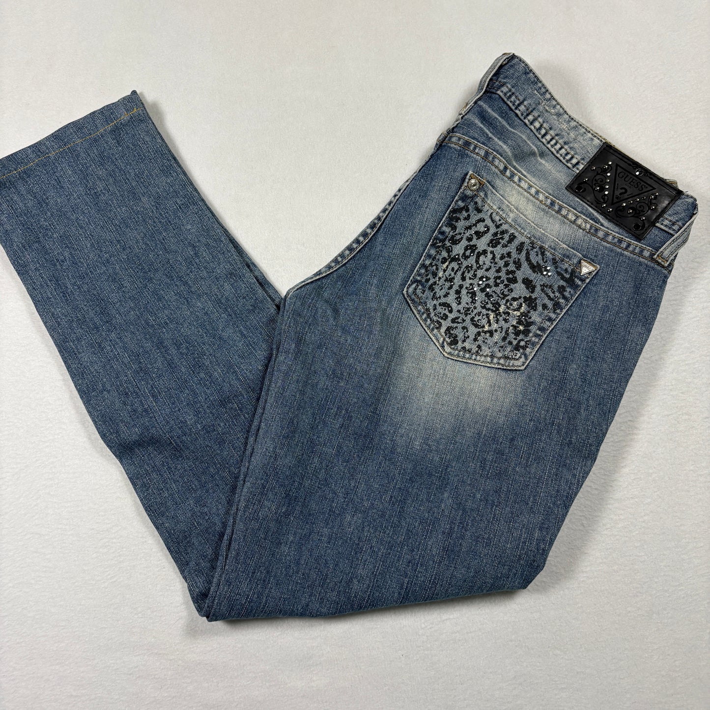 Guess Womens Jeans 29 Starlet Skinny Leg Leopard Print Distressed Blue Y2K