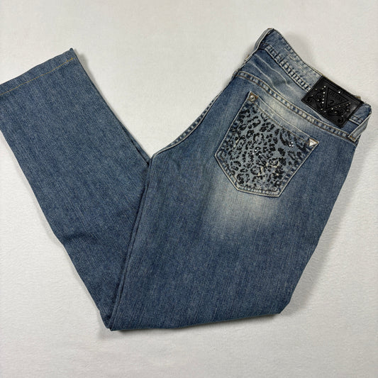 Guess Womens Jeans 29 Starlet Skinny Leg Leopard Print Distressed Blue Y2K