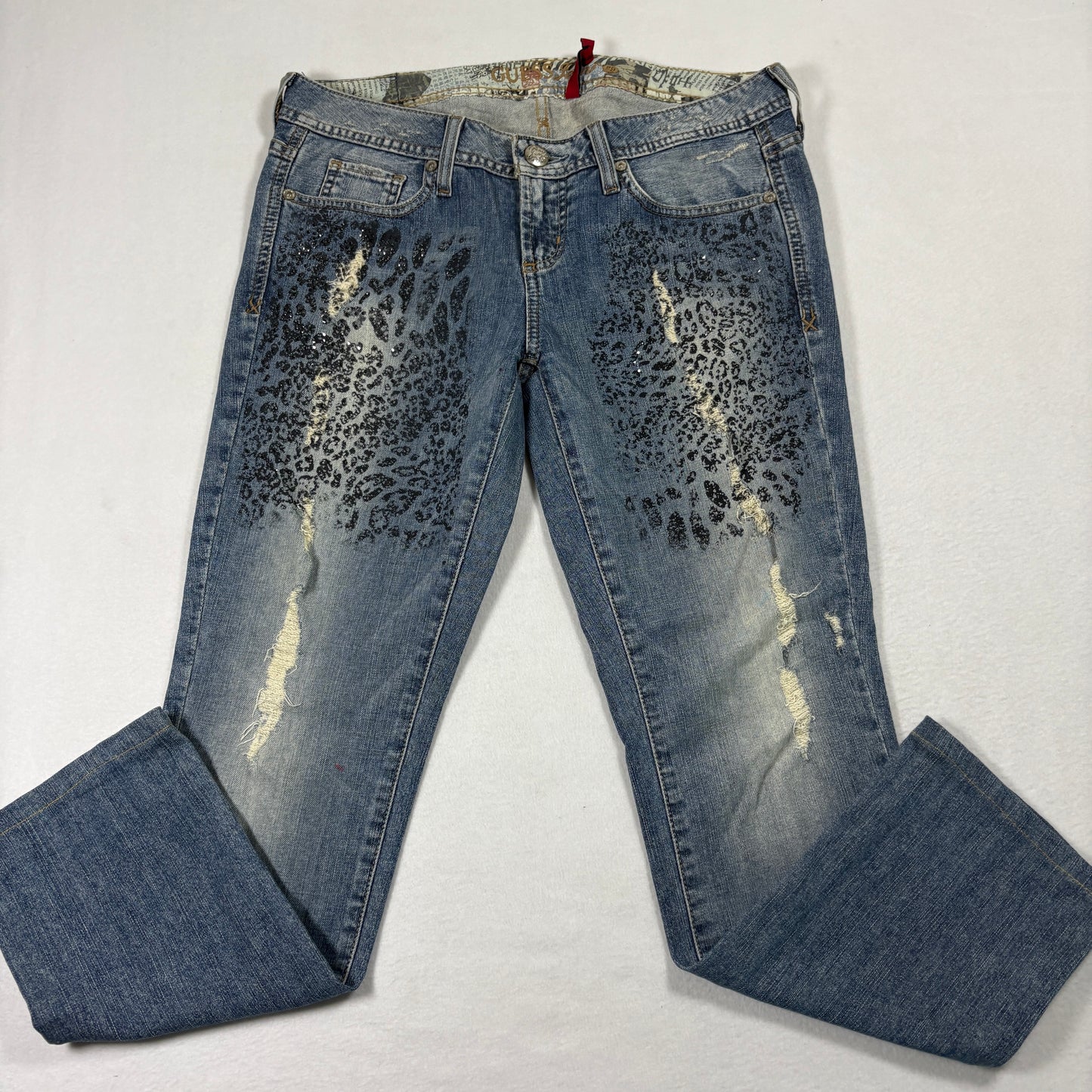 Guess Womens Jeans 29 Starlet Skinny Leg Leopard Print Distressed Blue Y2K