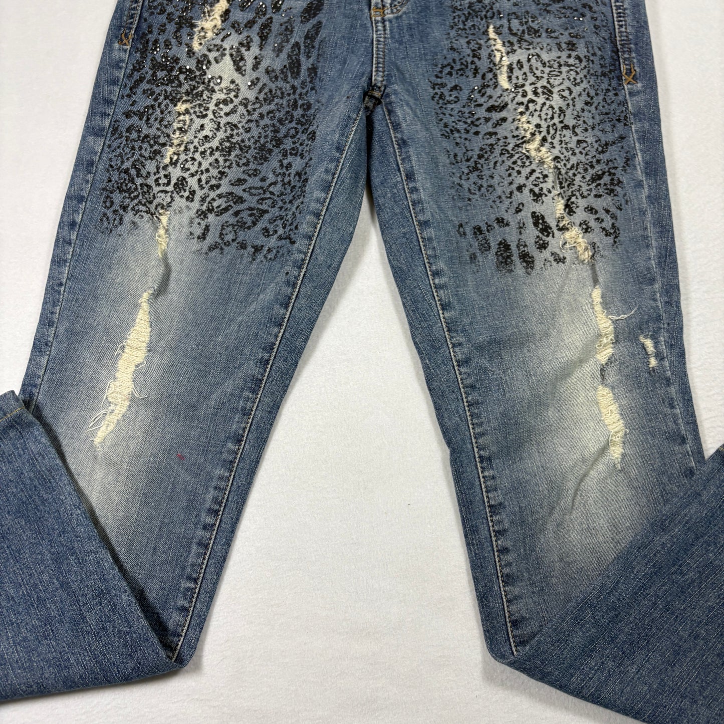 Guess Womens Jeans 29 Starlet Skinny Leg Leopard Print Distressed Blue Y2K