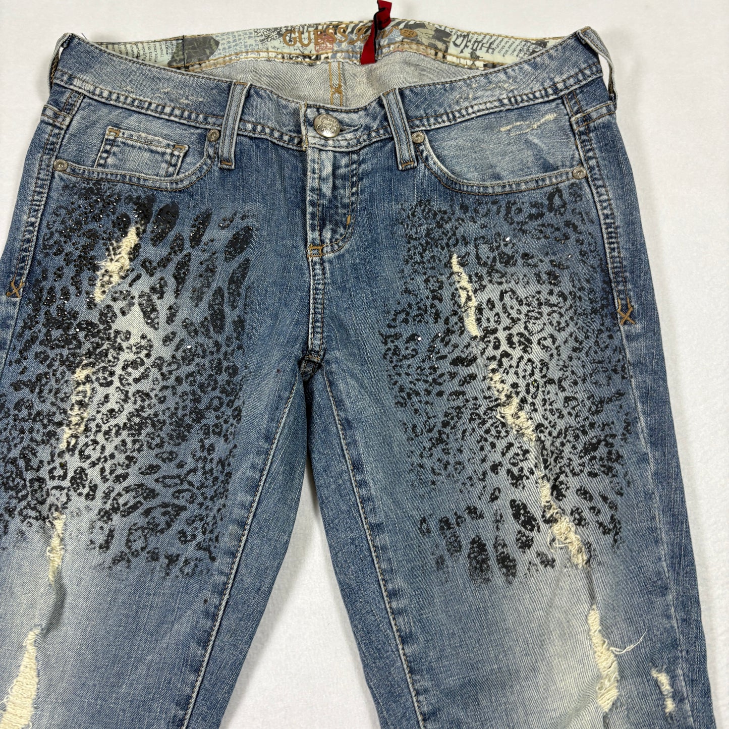 Guess Womens Jeans 29 Starlet Skinny Leg Leopard Print Distressed Blue Y2K