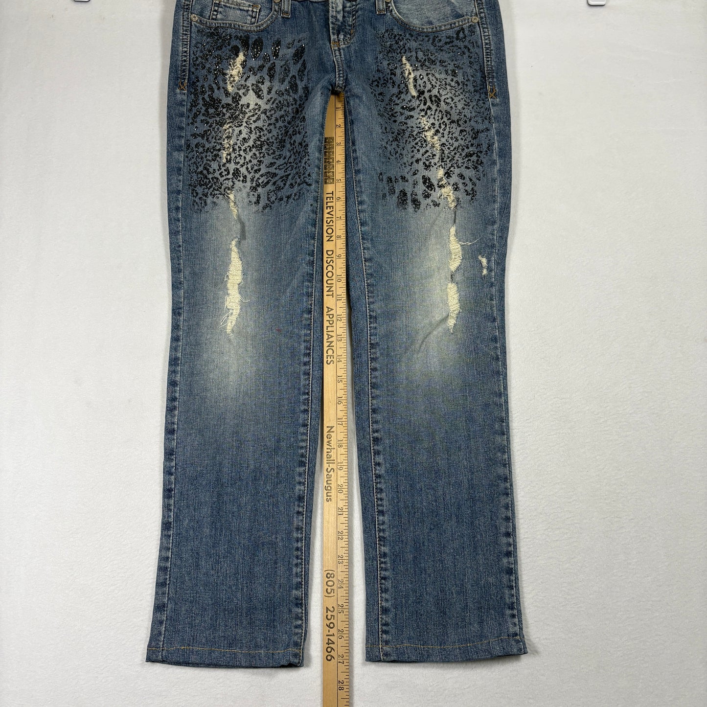 Guess Womens Jeans 29 Starlet Skinny Leg Leopard Print Distressed Blue Y2K