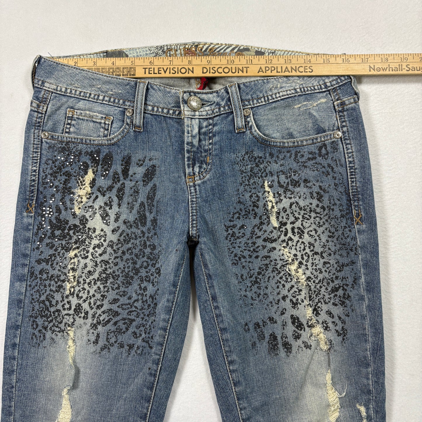Guess Womens Jeans 29 Starlet Skinny Leg Leopard Print Distressed Blue Y2K