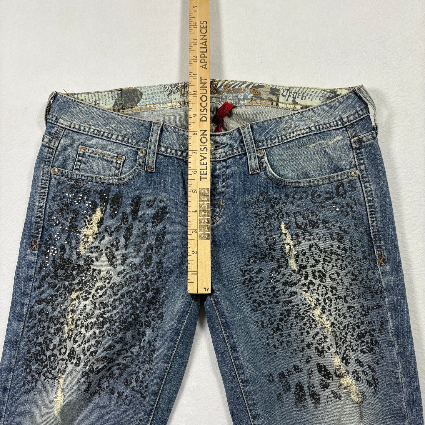 Guess Womens Jeans 29 Starlet Skinny Leg Leopard Print Distressed Blue Y2K