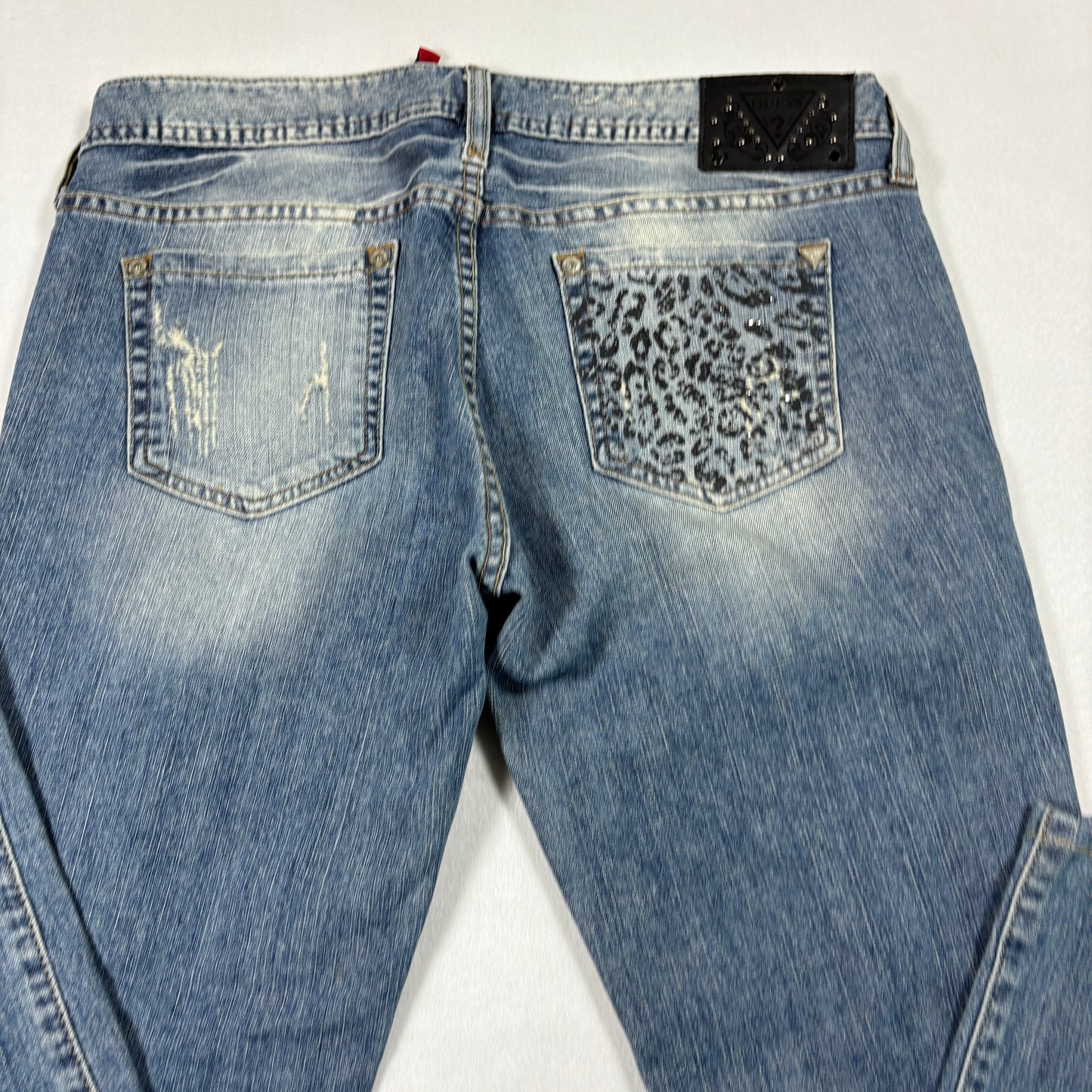 Guess Womens Jeans 29 Starlet Skinny Leg Leopard Print Distressed Blue Y2K
