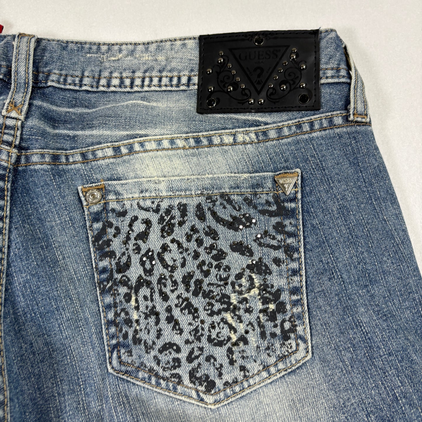 Guess Womens Jeans 29 Starlet Skinny Leg Leopard Print Distressed Blue Y2K