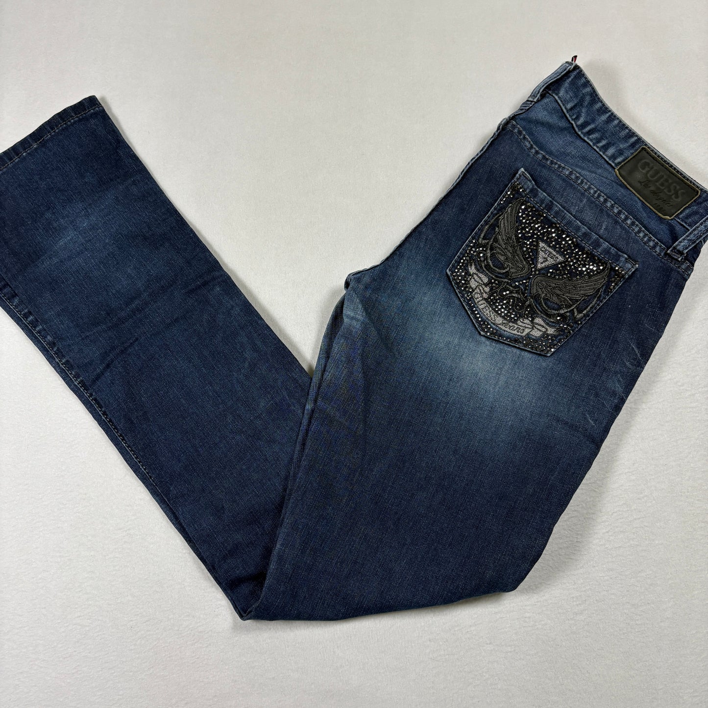 Guess Womens Jeans Starlet Straight Leg Blue Denim Size 30 Studded Skull Y2K