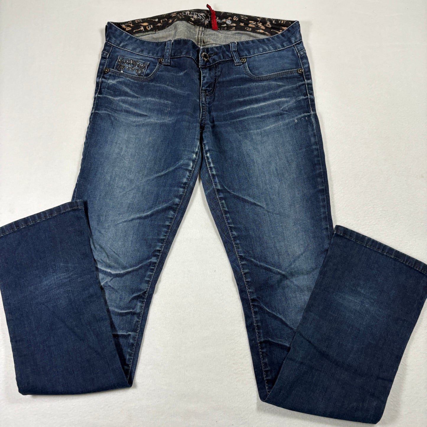 Guess Womens Jeans Starlet Straight Leg Blue Denim Size 30 Studded Skull Y2K