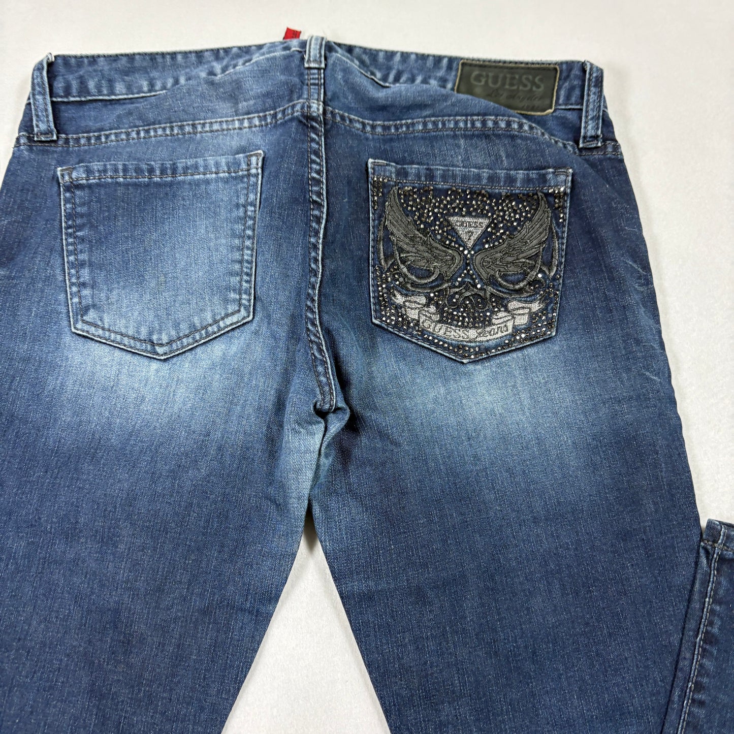 Guess Womens Jeans Starlet Straight Leg Blue Denim Size 30 Studded Skull Y2K
