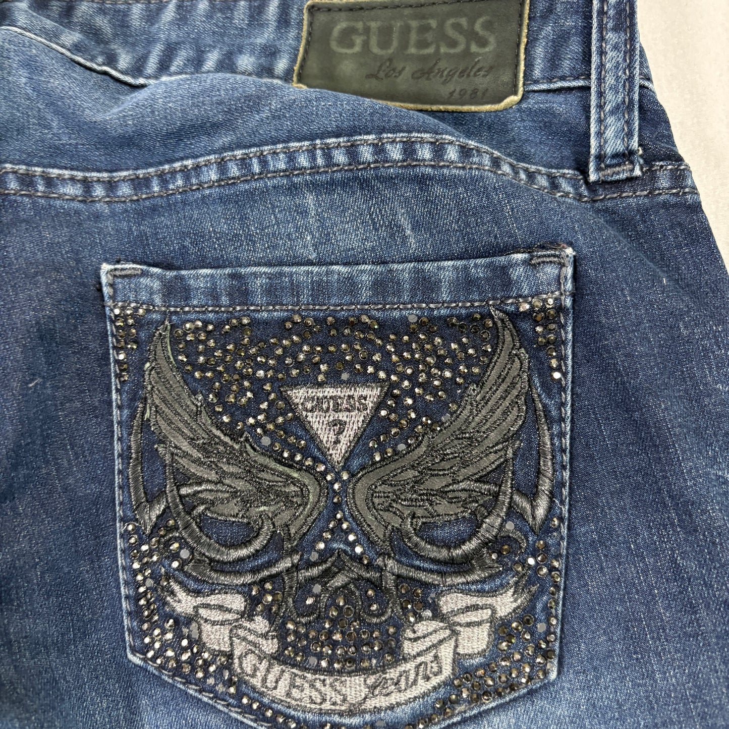 Guess Womens Jeans Starlet Straight Leg Blue Denim Size 30 Studded Skull Y2K