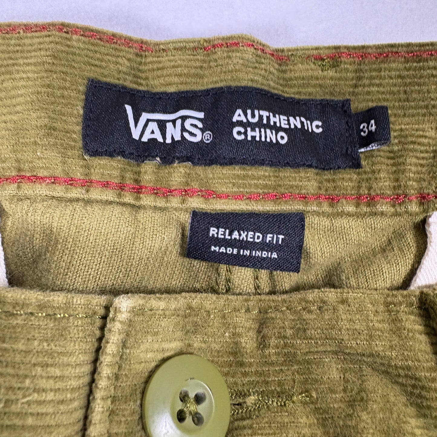 Vans Mens Pants 34 Authentic Chino Relaxed Fit Olive Green Corduroy Skate Y2K