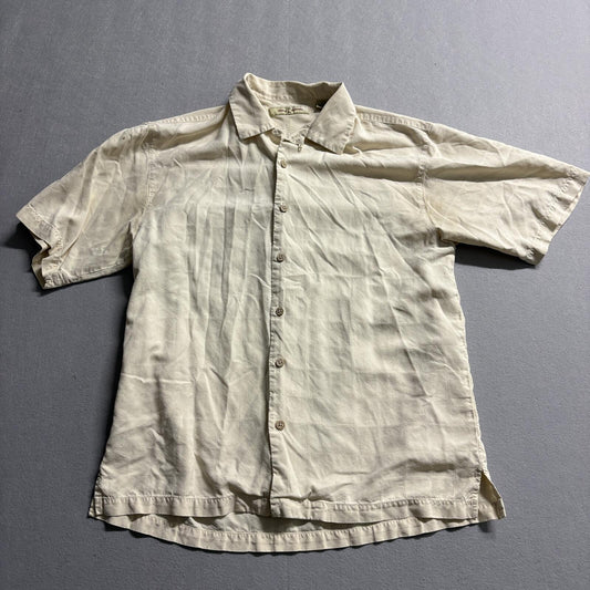 Tommy Bahama Silk Shirt Mens Medium Cream Yellow Grid Textured Short Sleeve