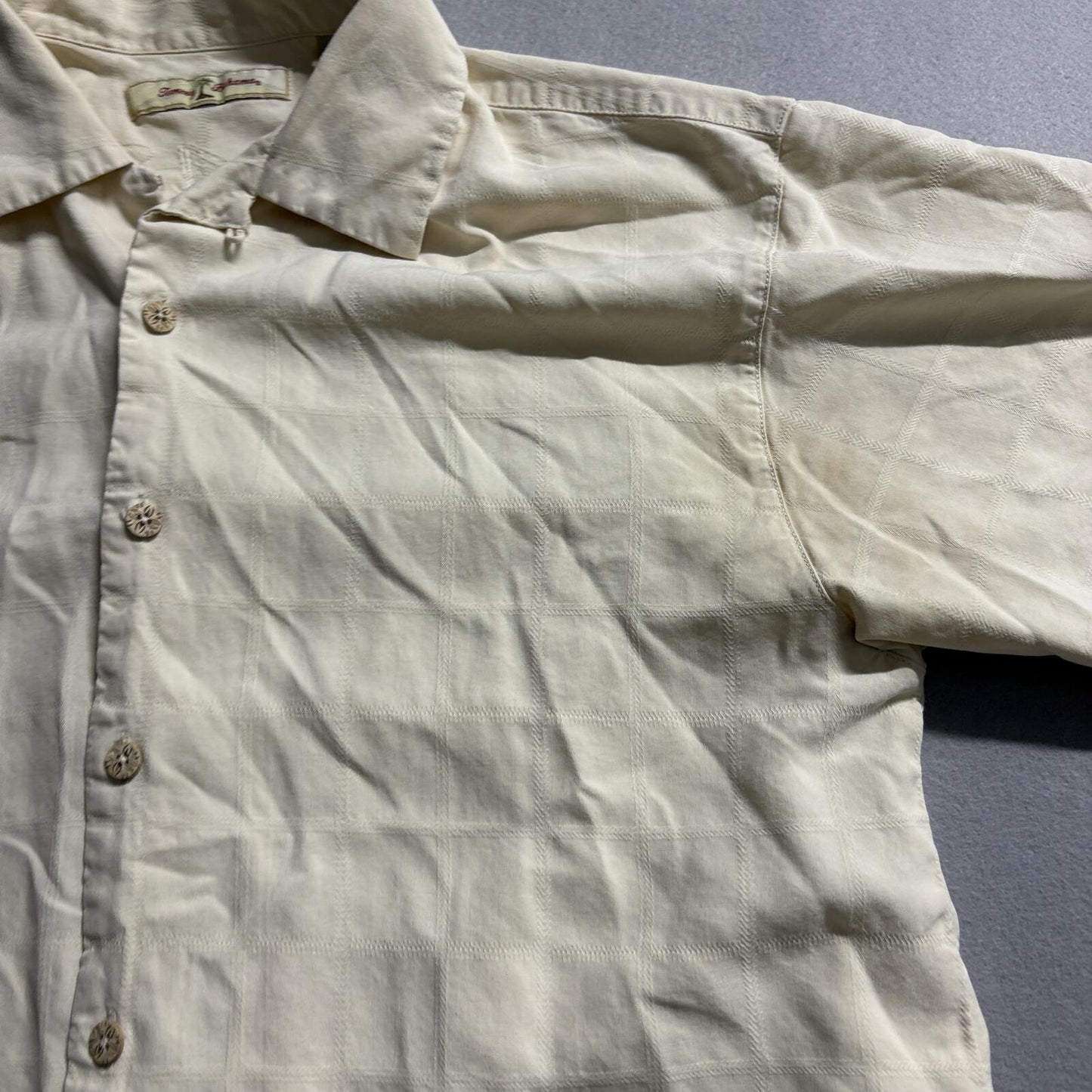 Tommy Bahama Silk Shirt Mens Medium Cream Yellow Grid Textured Short Sleeve