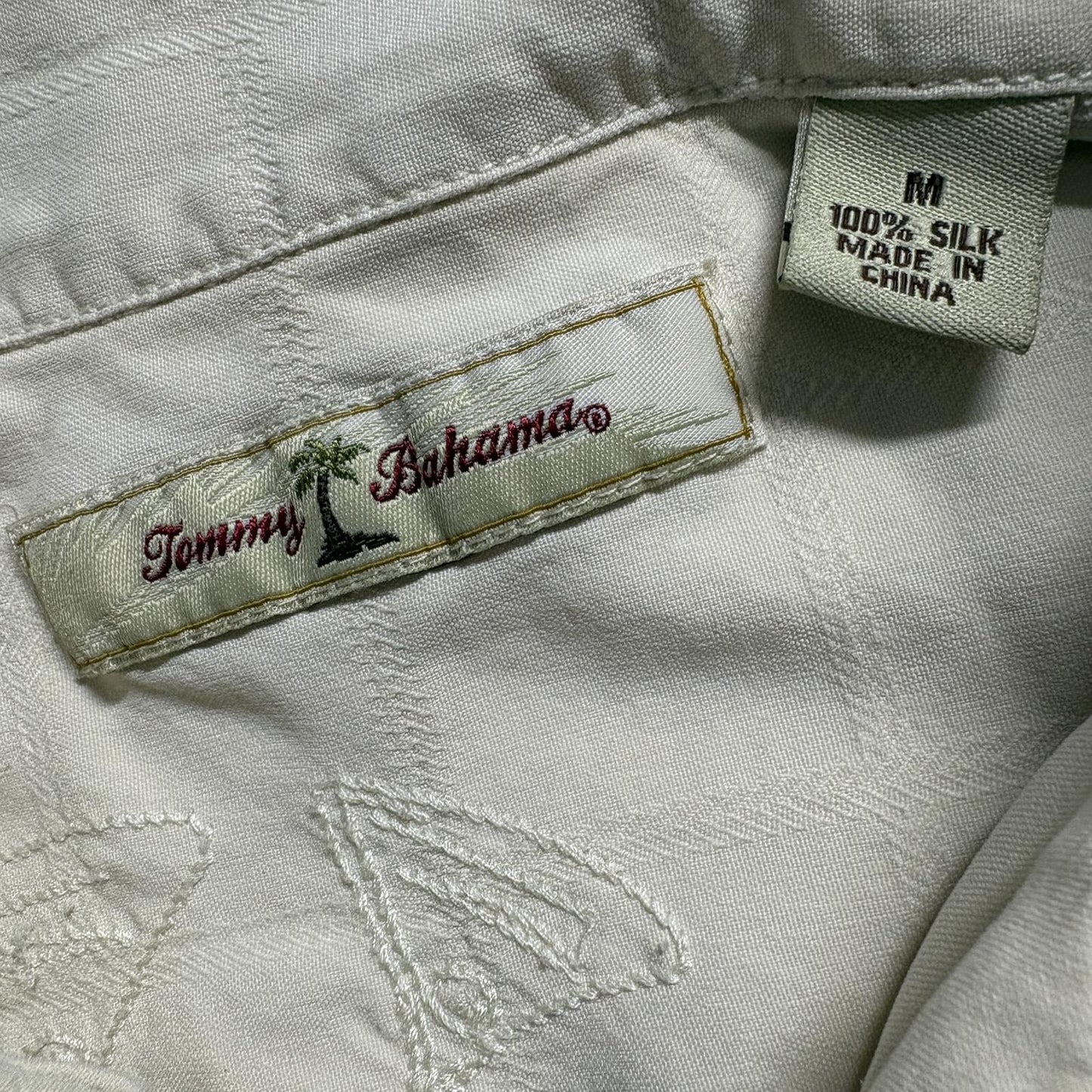 Tommy Bahama Silk Shirt Mens Medium Cream Yellow Grid Textured Short Sleeve