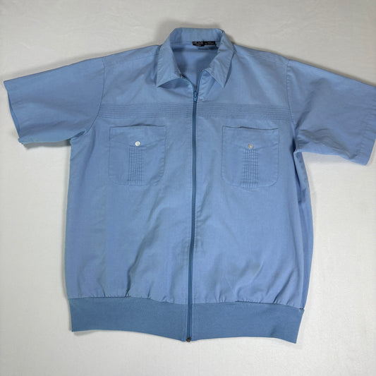 J Blair Mens Short Sleeve Shirt Blue Zip Front Guayabera Style Vintage L