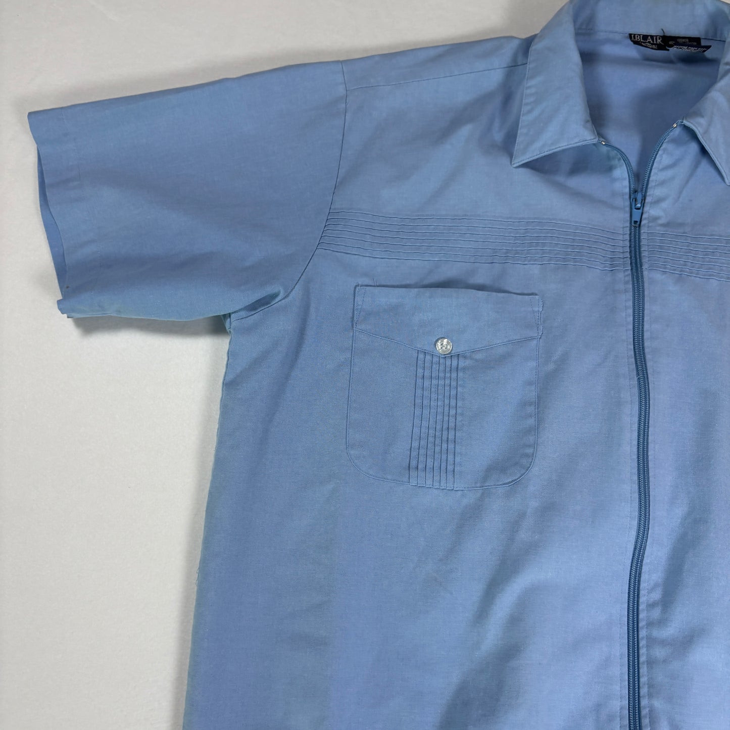 J Blair Mens Short Sleeve Shirt Blue Zip Front Guayabera Style Vintage L