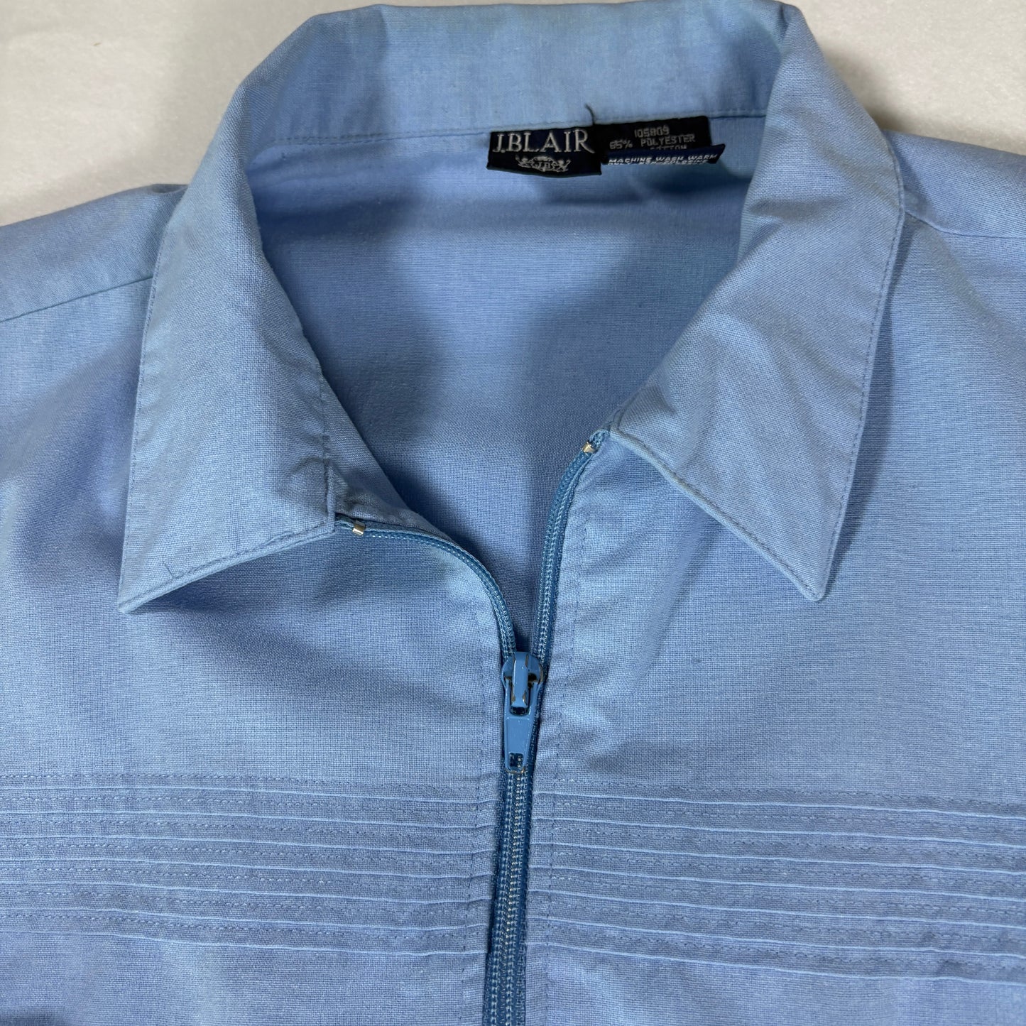 J Blair Mens Short Sleeve Shirt Blue Zip Front Guayabera Style Vintage L
