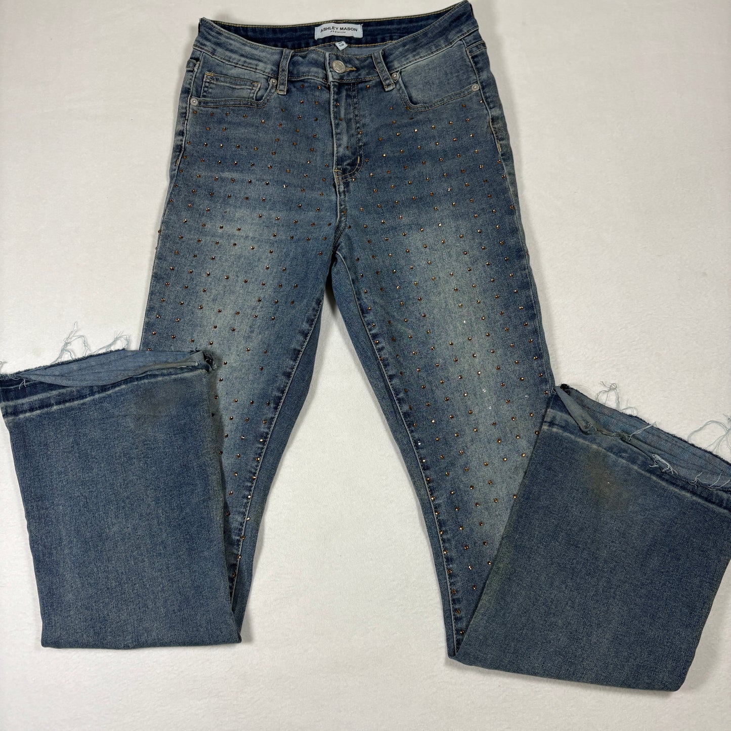 Ashley Mason Womens 7/28 Studded Jeans Blue Denim Raw Hem Y2K Vintage Grunge