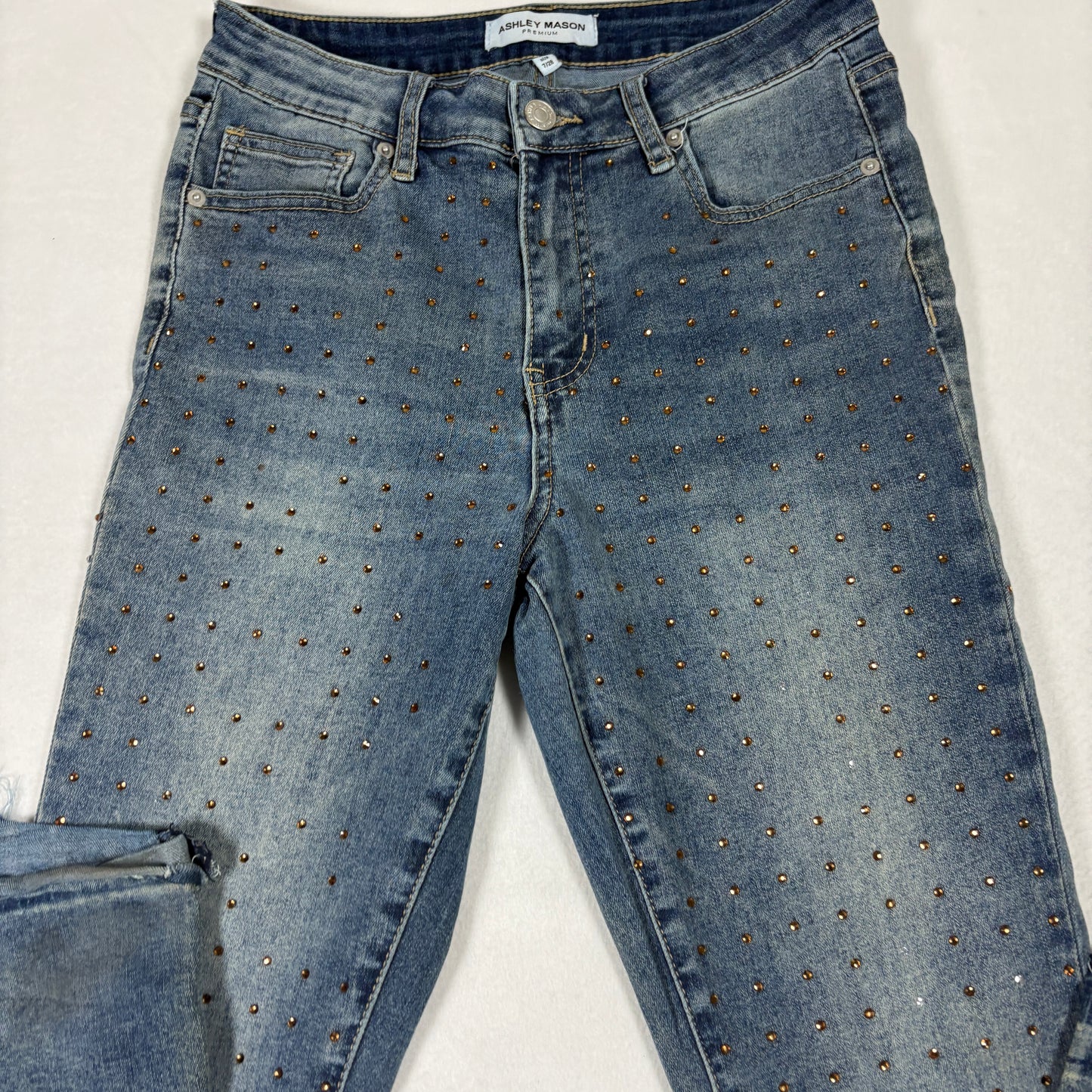 Ashley Mason Womens 7/28 Studded Jeans Blue Denim Raw Hem Y2K Vintage Grunge