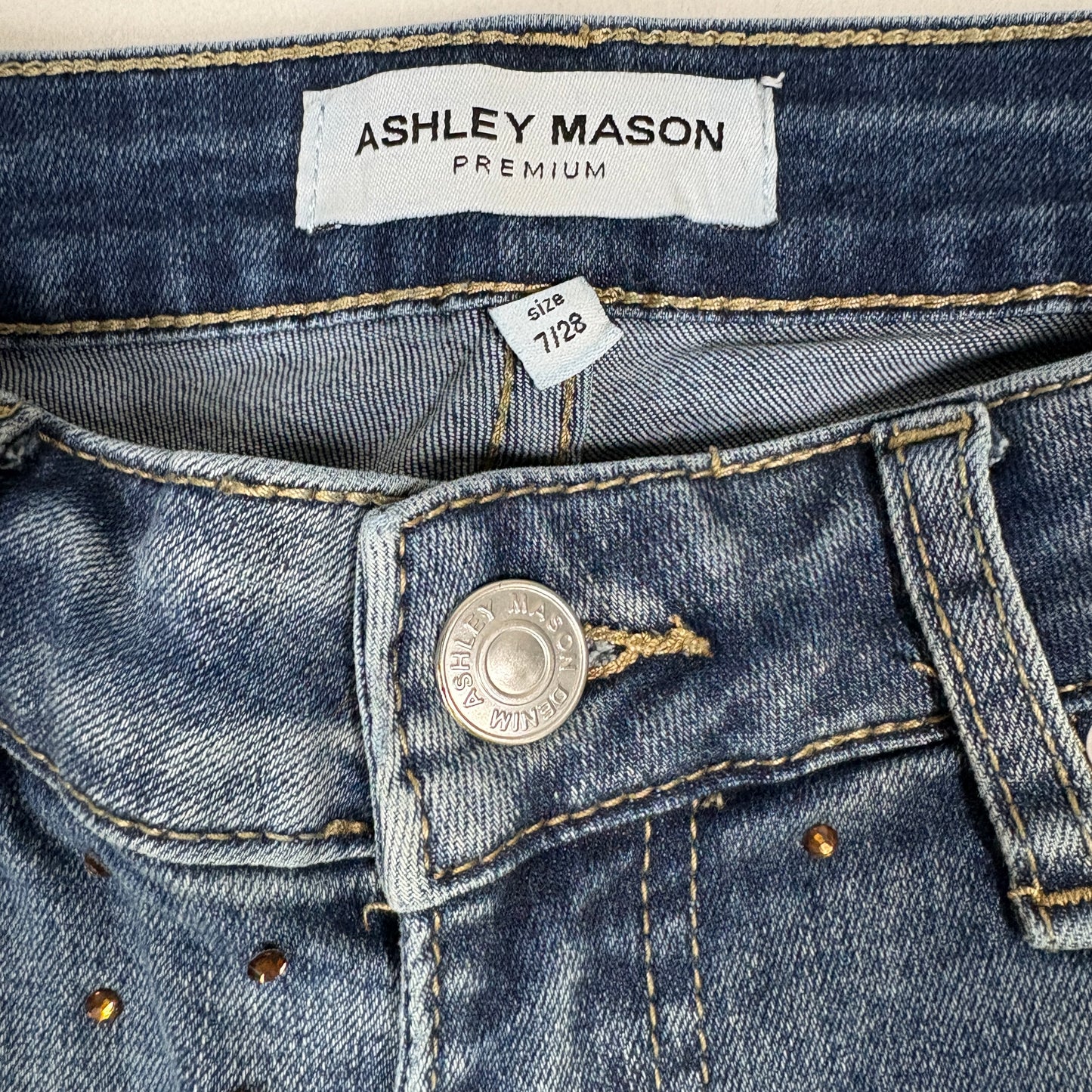 Ashley Mason Womens 7/28 Studded Jeans Blue Denim Raw Hem Y2K Vintage Grunge