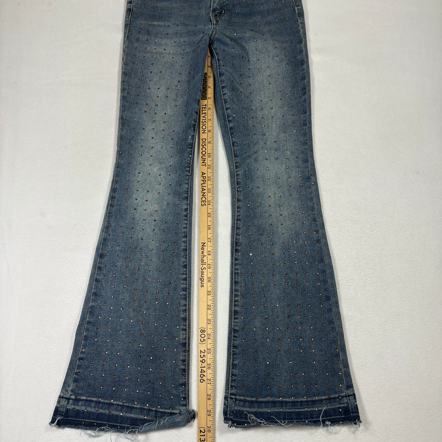 Ashley Mason Womens 7/28 Studded Jeans Blue Denim Raw Hem Y2K Vintage Grunge