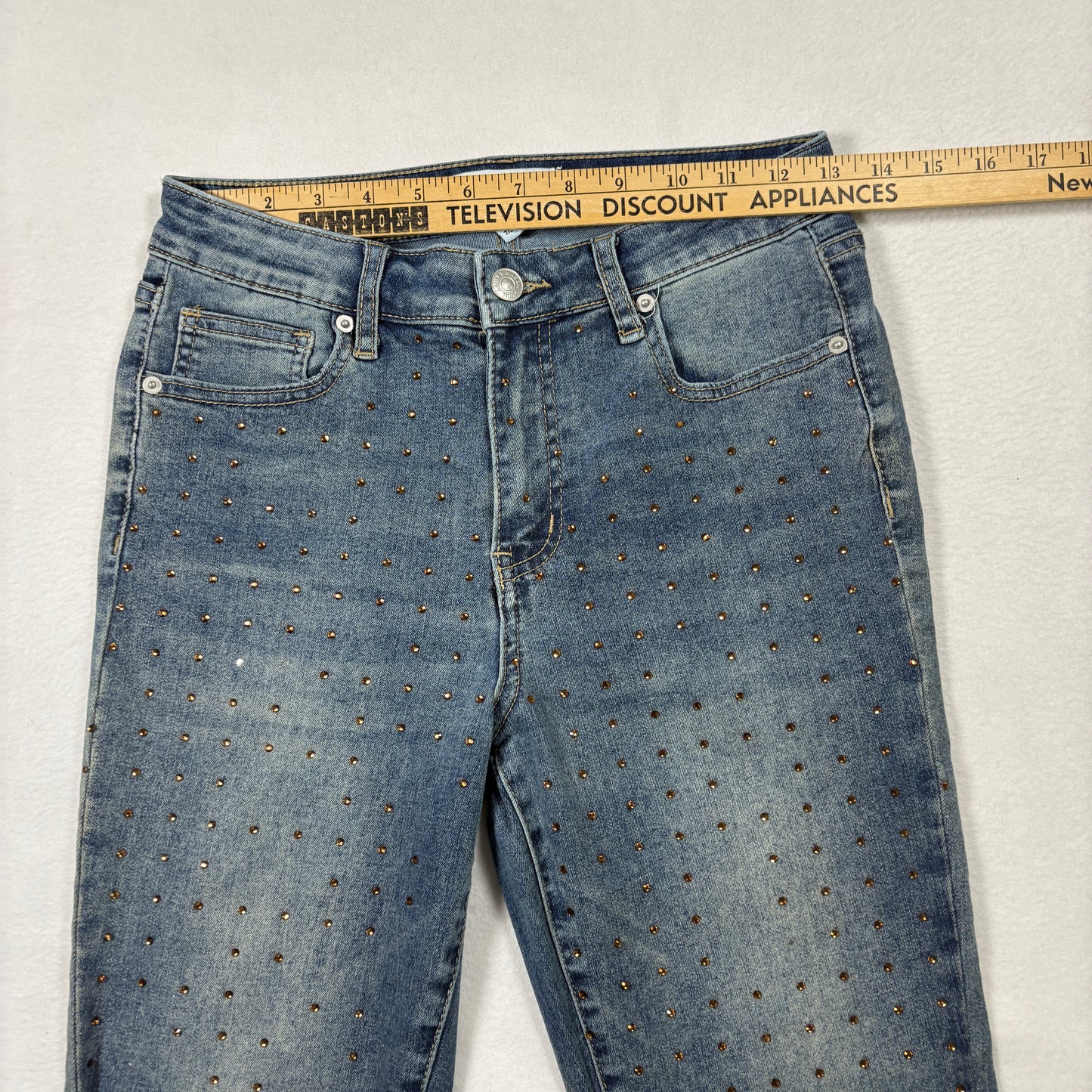 Ashley Mason Womens 7/28 Studded Jeans Blue Denim Raw Hem Y2K Vintage Grunge