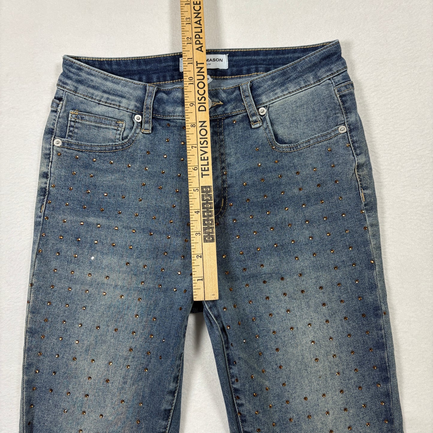 Ashley Mason Womens 7/28 Studded Jeans Blue Denim Raw Hem Y2K Vintage Grunge