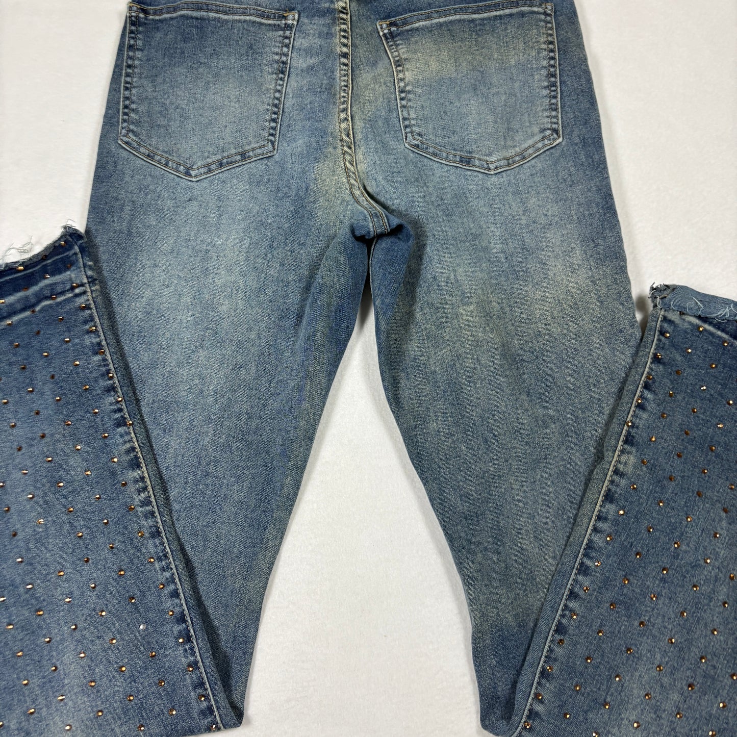 Ashley Mason Womens 7/28 Studded Jeans Blue Denim Raw Hem Y2K Vintage Grunge