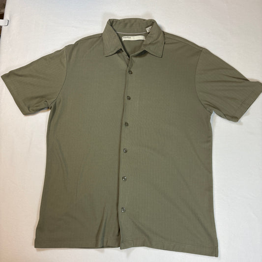 Perry Ellis Mens Shirt L Green Button Front Short Sleeve Casual Camp Collar Top