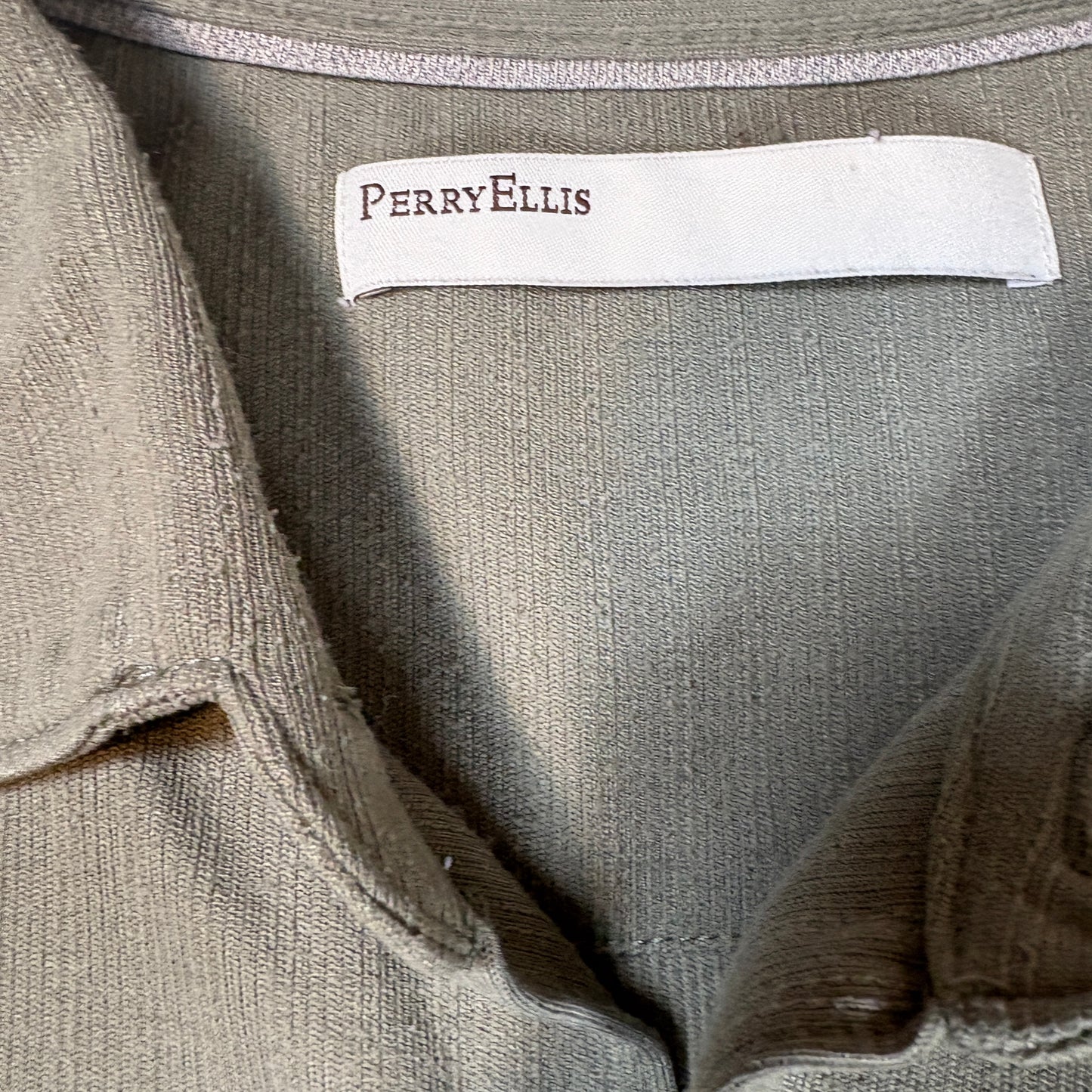 Perry Ellis Mens Shirt L Green Button Front Short Sleeve Casual Camp Collar Top